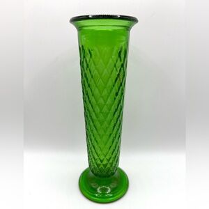 Vintage EO Brody USA Emerald Green Glass Diamond Pattern Bud Vase 8 in Height